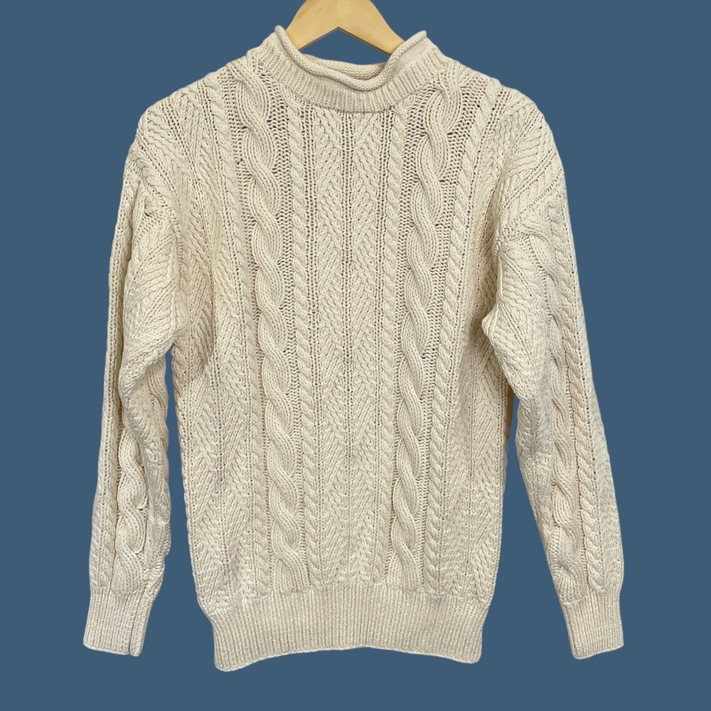 Vintage 90s Gap Mens Cream Roll Neck Cable Knit Sweater Size S Fisherman Preppy